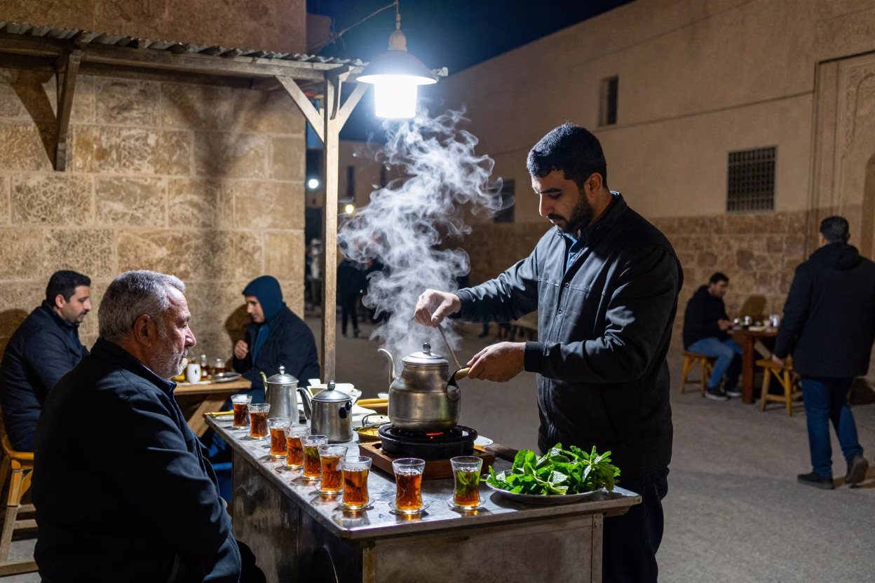Late Night Tea Stall in Fez Medina with Steam and Apples in in Fez, Morocco