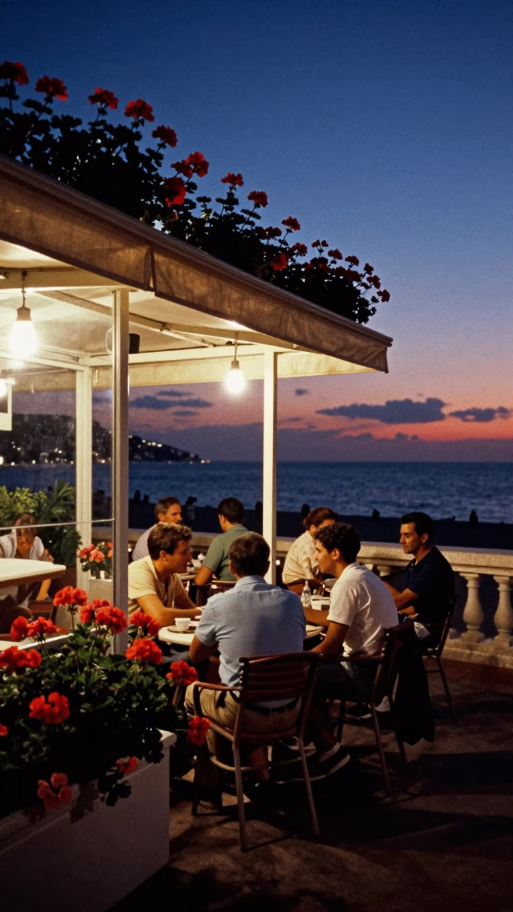 Late Night Terrace in Nice France with Geraniums and Glass in in Nice, France