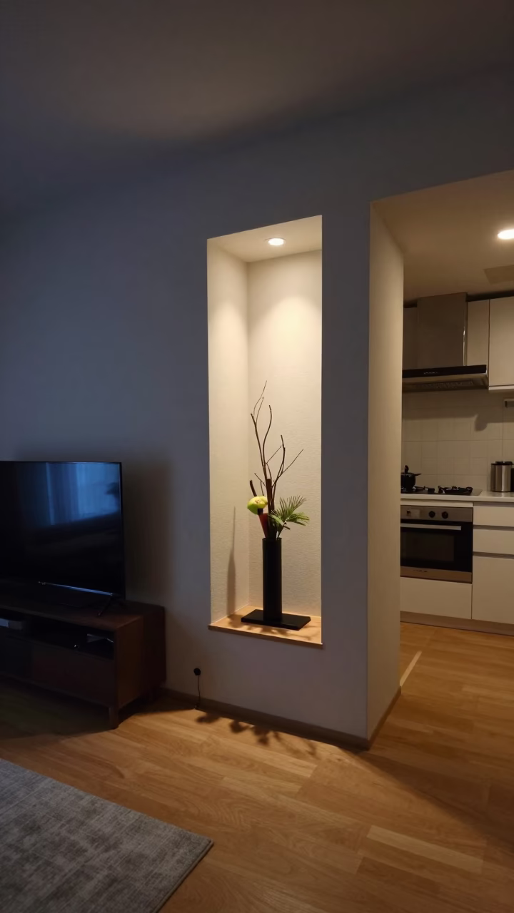 Late Night Tokyo Apartment Interior with Ikebana and Kitchen Details in in Tokyo, Japan
