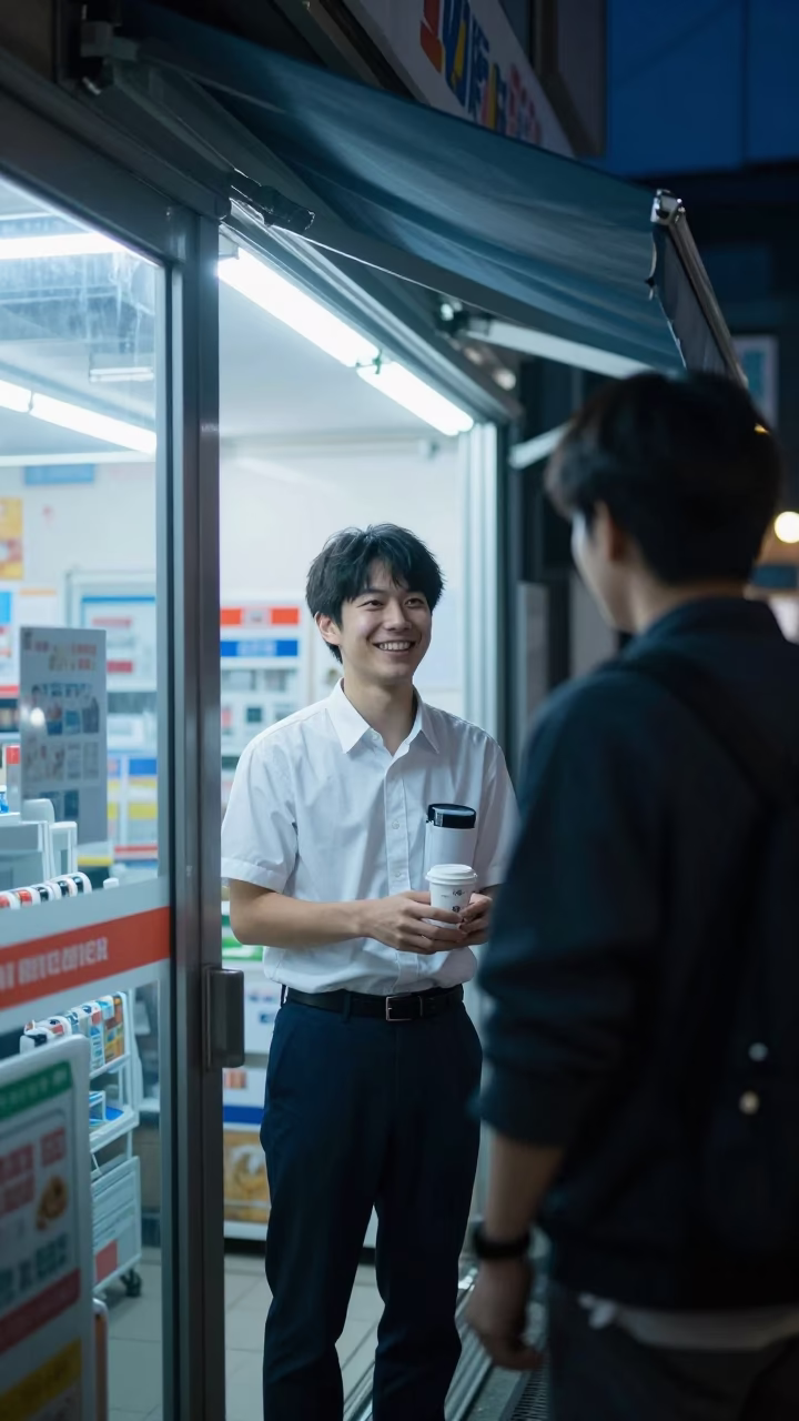 Late Night Tokyo Convenience Store Clerk Smiling at Customer Under Neon Lights in in Tokyo, Japan