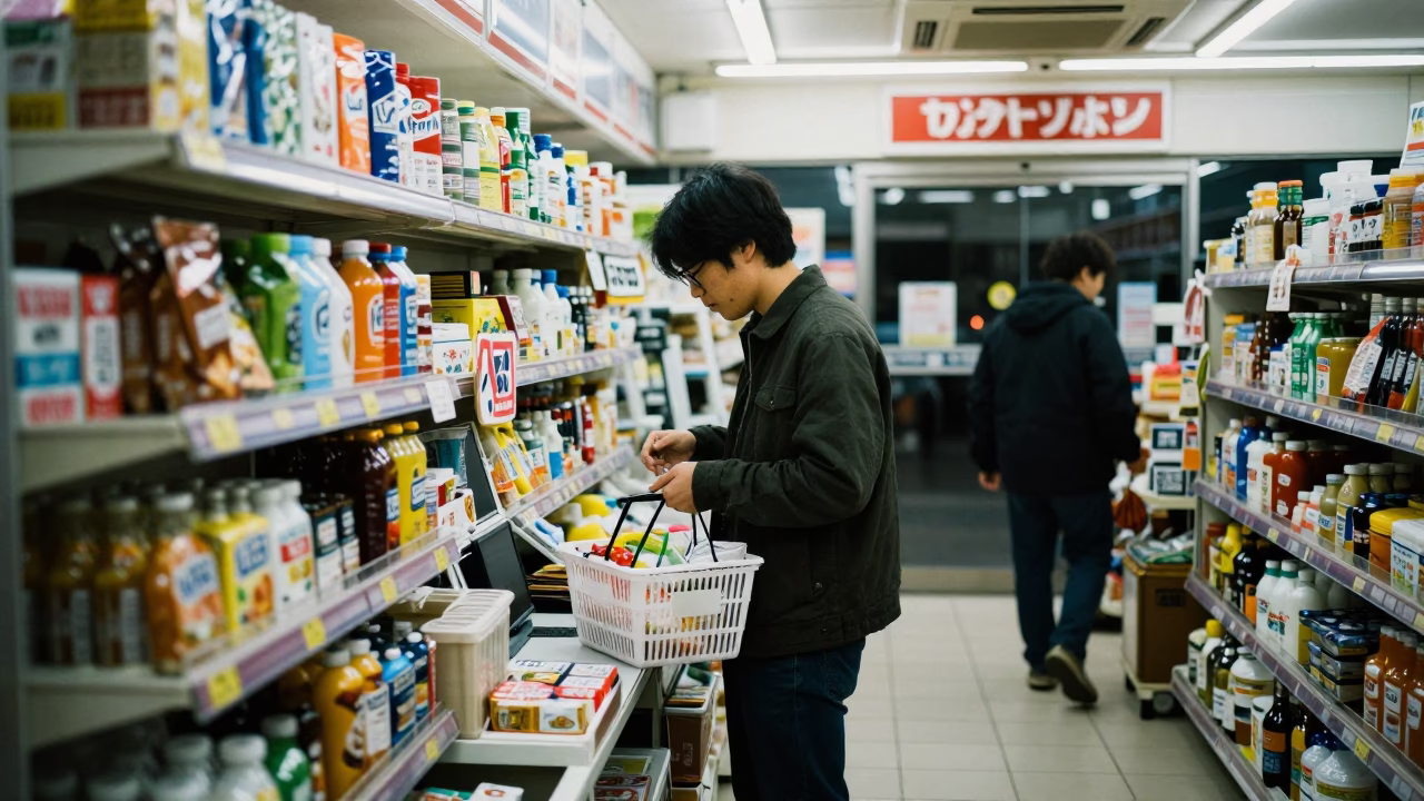 Late Night Tokyo Convenience Store Interior with Customer and Shaving Brush in in Tokyo, Japan