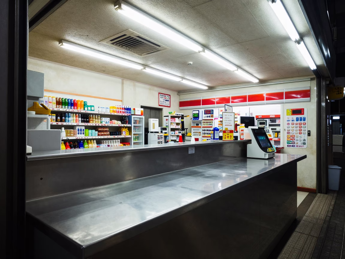 Late Night Tokyo Convenience Store Interior with Grease Sheen and Brass Fixtures in in Tokyo, Japan
