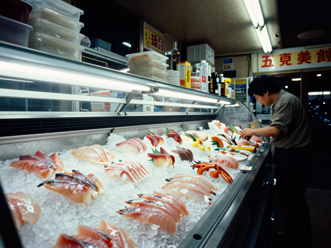 Late Night Tokyo Convenience Store Interior with Sashimi Display and Bar Soap Near Entrance in in Tokyo, Japan
