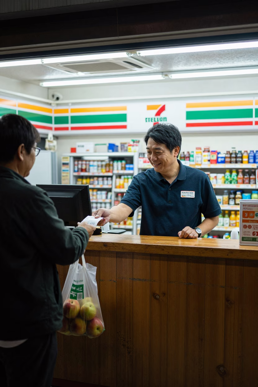 Late Night Tokyo Convenience Store Interior with Wooden Counter and Customer Interaction in in Tokyo, Japan