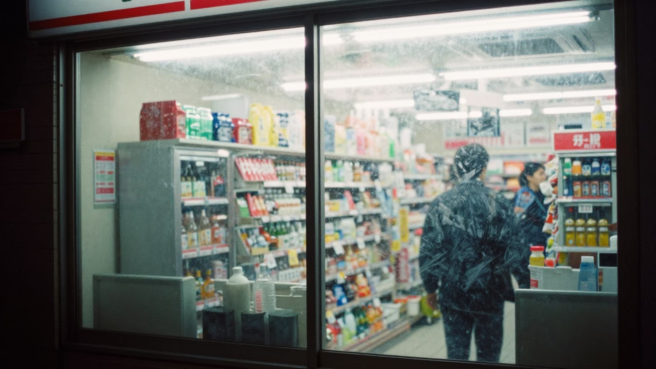 Late Night Tokyo Convenience Store Window Reflections and Smudges in Rain in in Tokyo, Japan