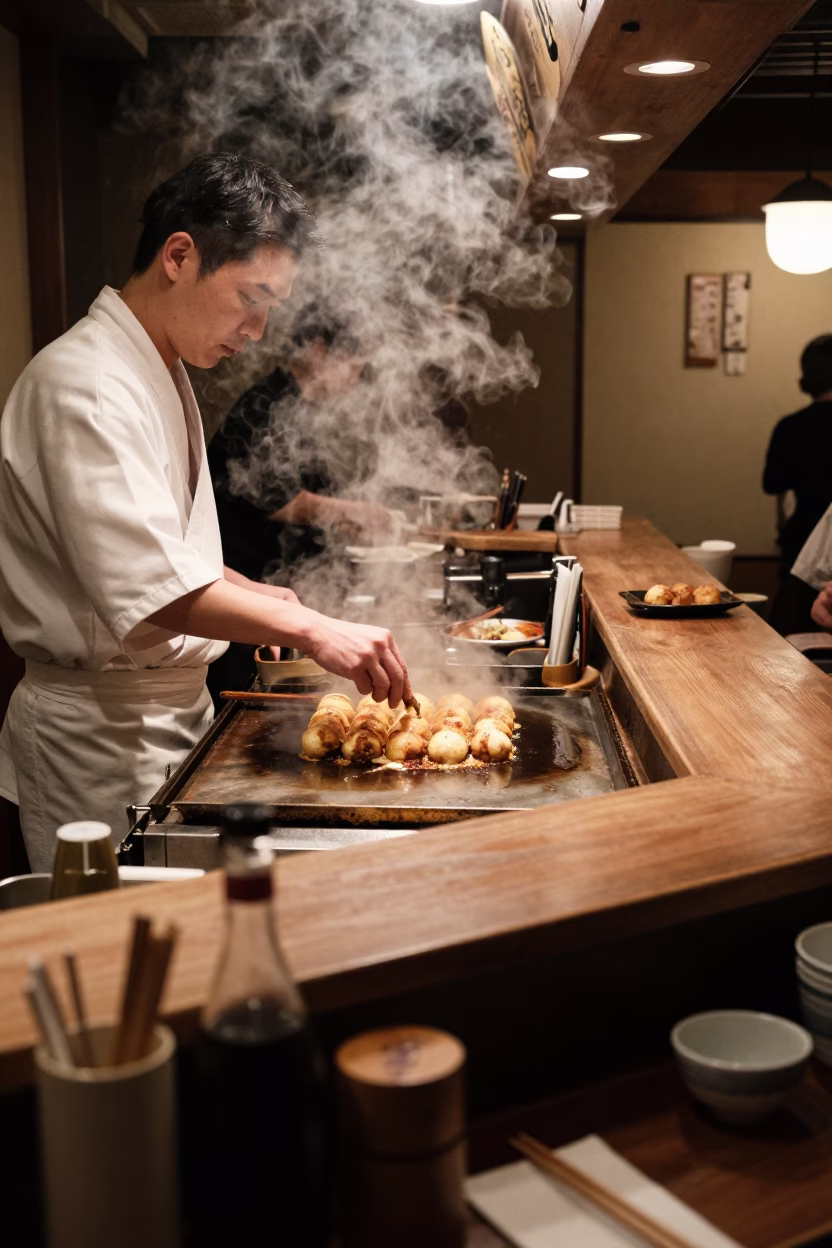 Late Night Tokyo Diner Counter with Takoyaki and Sake Service in in Tokyo, Japan