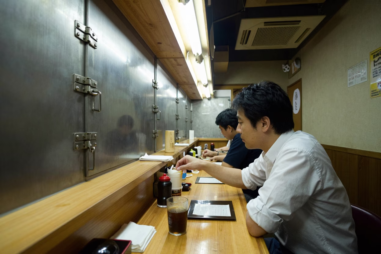 Late Night Tokyo Diner Interior with Brushed Steel Latch and Blank Notebooks on Counter in in Tokyo, Japan