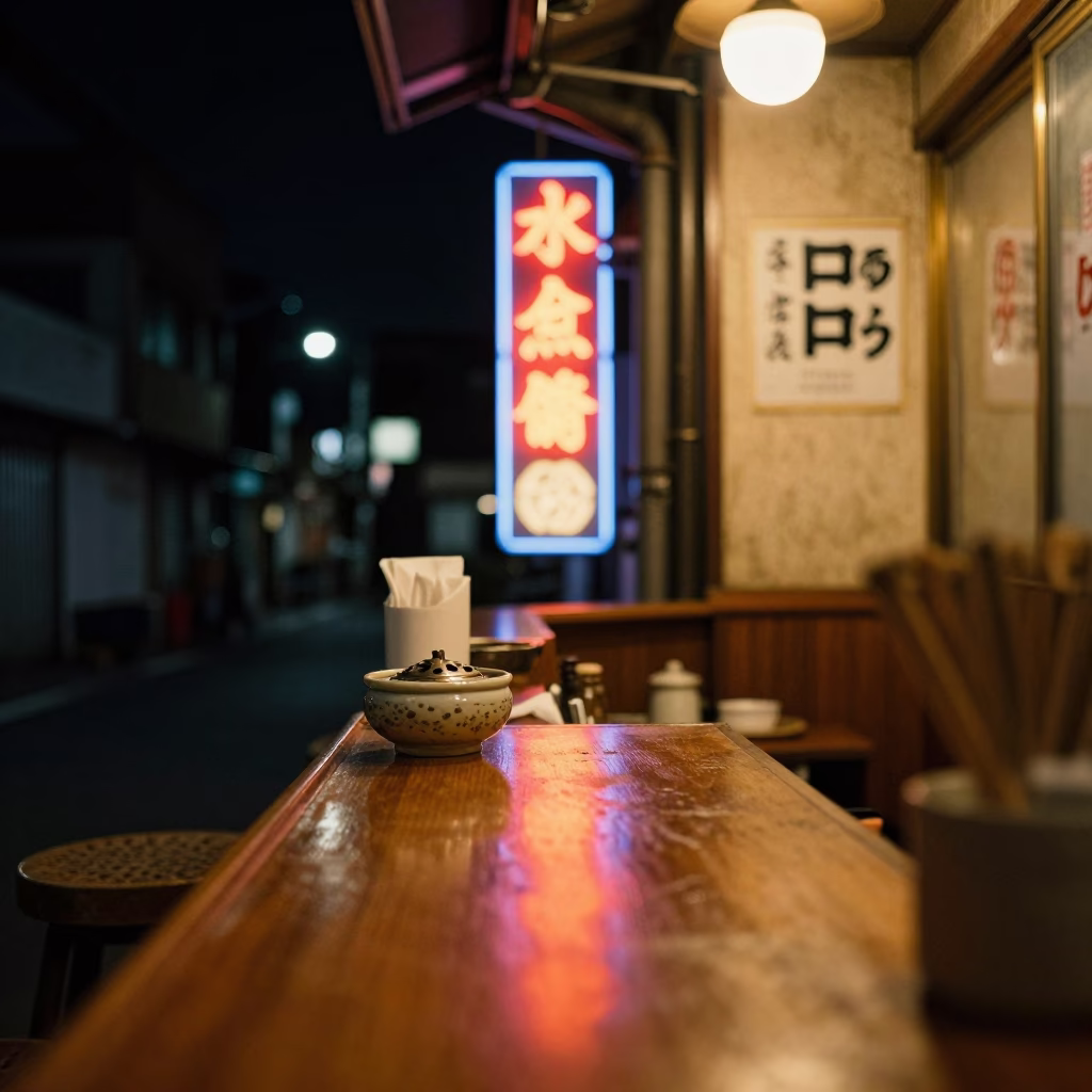 Late Night Tokyo Diner Interior with Incense and Neon Reflections in in Tokyo, Japan