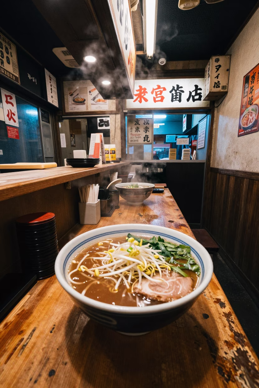 Late Night Tokyo Diner Interior with Pho Bowl and Steamy Kitchen Atmosphere in in Tokyo, Japan