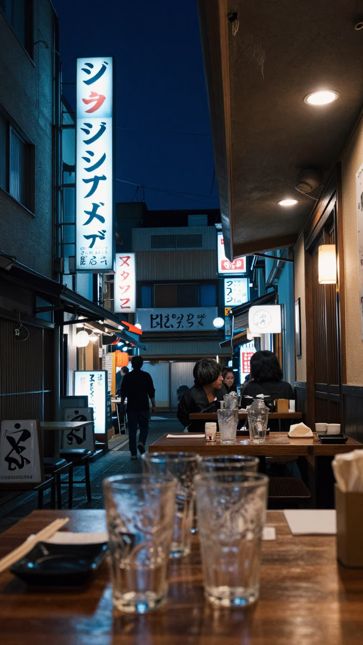 Late Night Tokyo Izakaya Interior with Glass Tumblers and Steamy Ramen Bowl in in Tokyo, Japan