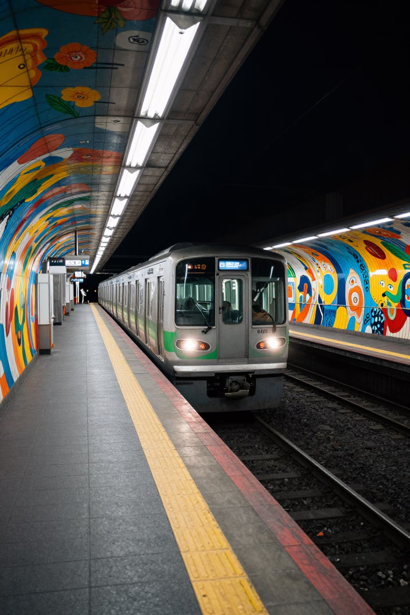 Late Night Tokyo Metro Station with Art Adorned Walls and Bicycle Basket in in Tokyo, Japan