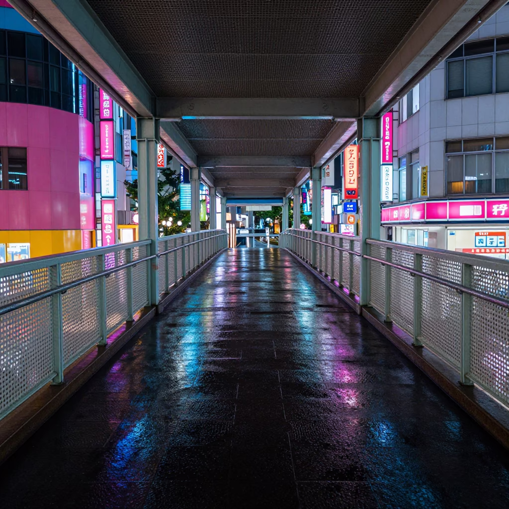 Late Night Tokyo Pedestrian Overpass with Wet Footsteps and Neon Reflections in in Tokyo, Japan