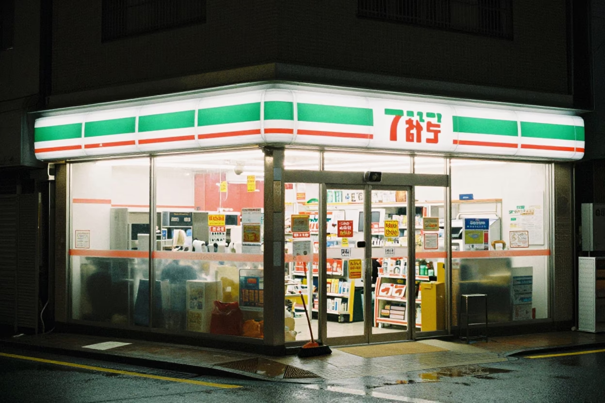 Late Night Tokyo Street Corner Convenience Store Exterior with Brooms and Scrub Brush in in Tokyo, Japan