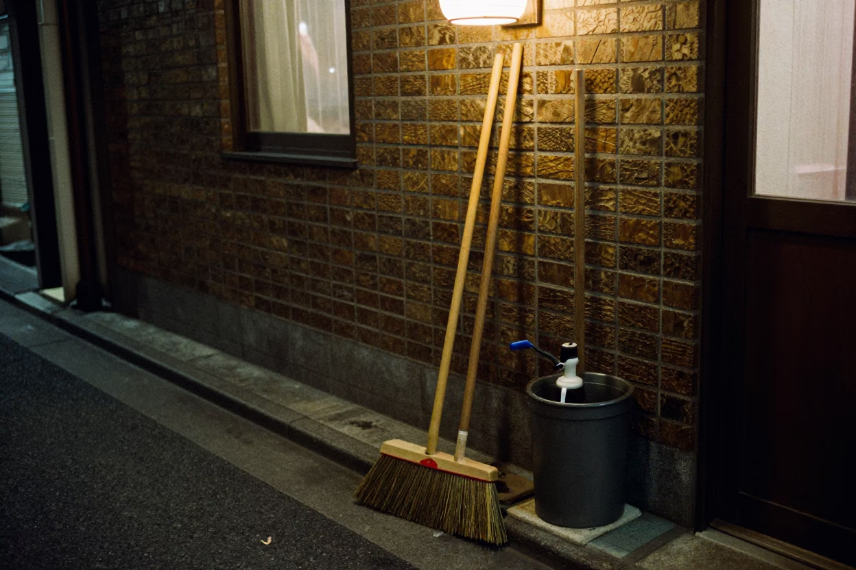Late Night Tokyo Street Corner with Brooms and Water Tower Rooftop View in in Tokyo, Japan