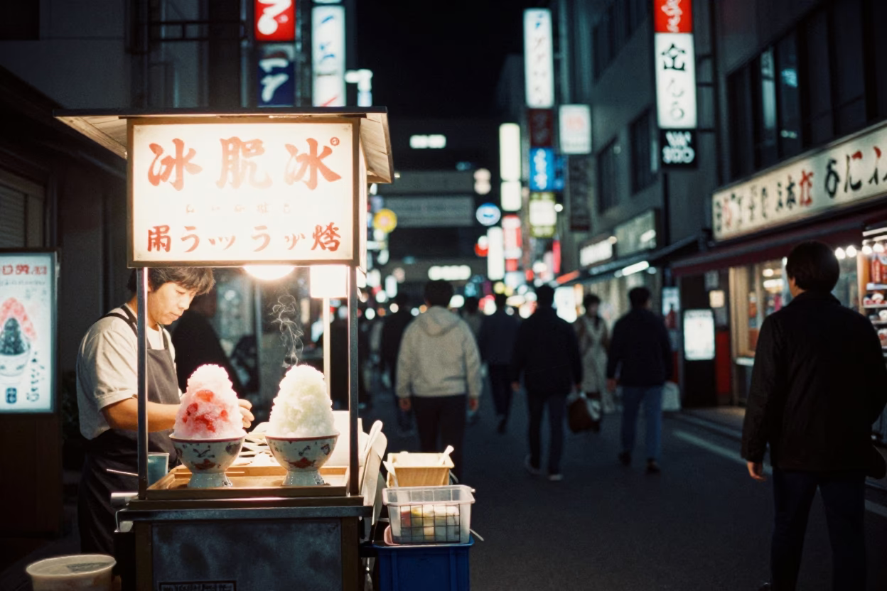 Late Night Tokyo Street Food Stall Shaved Ice Under Neon Lights in in Tokyo, Japan