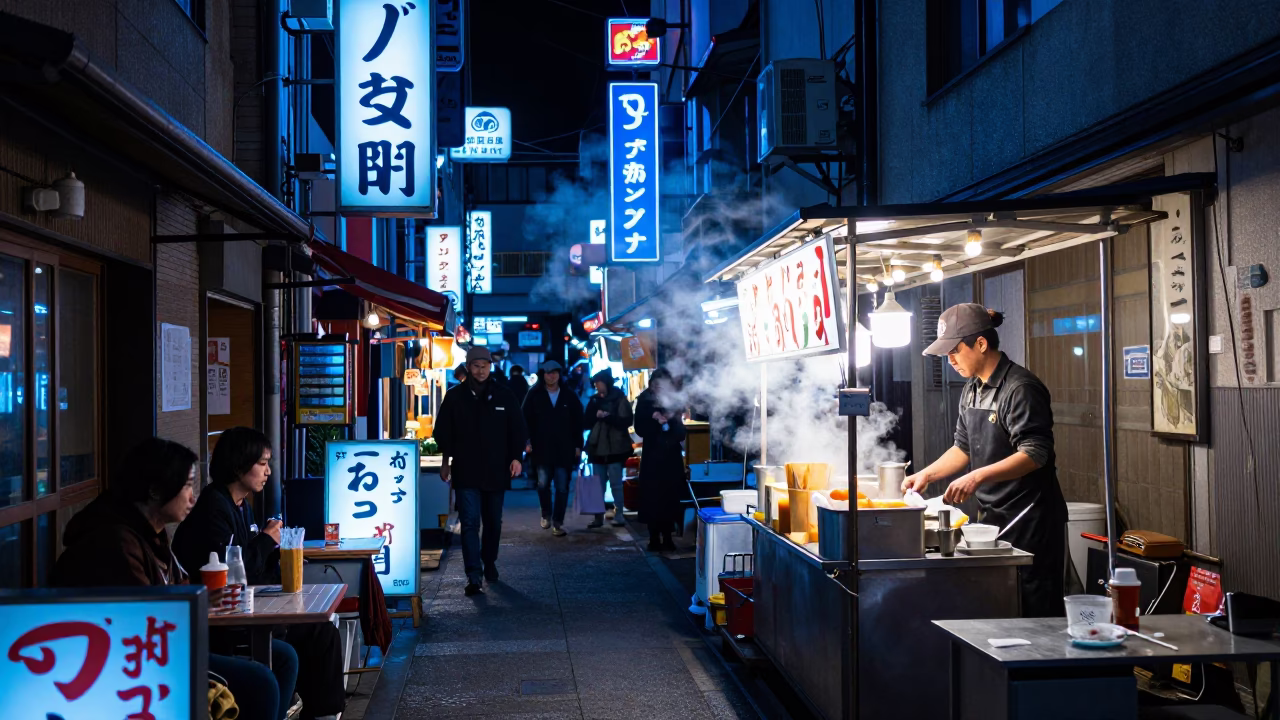 Late Night Tokyo Street Food Stall with Neon Signs and Smoky Ashtray in in Tokyo, Japan