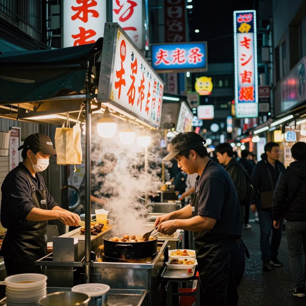 Late Night Tokyo Street Food Stall with Neon Signs and Tray of Spring Rolls in in Tokyo, Japan