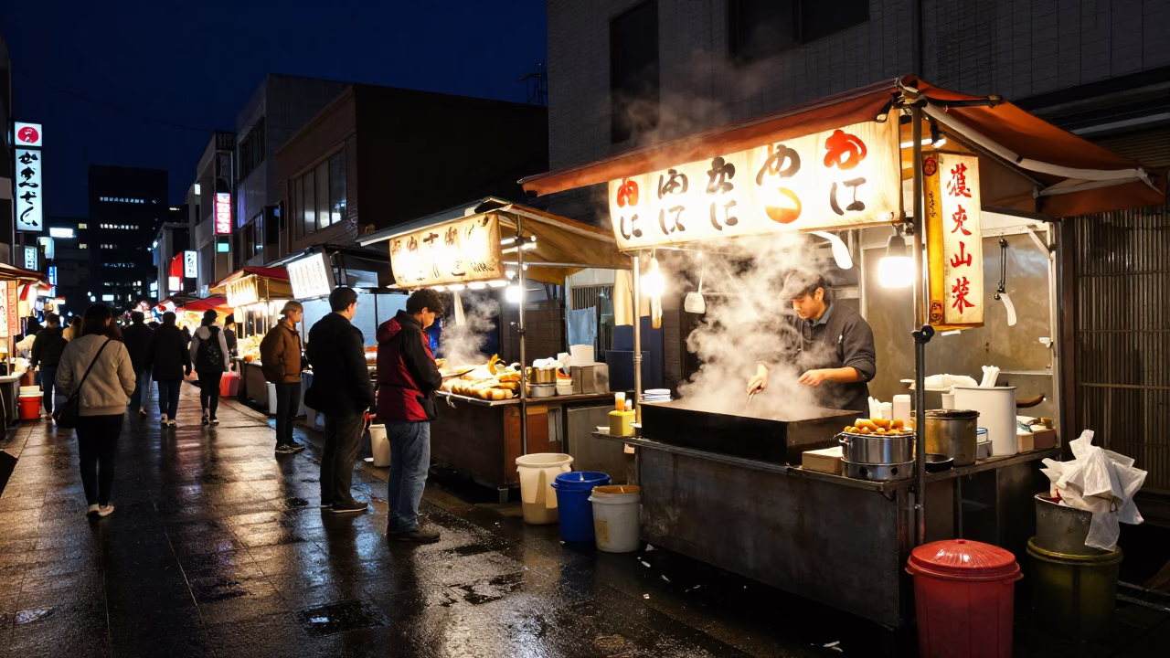 Late Night Tokyo Street Food Stall with Steam and Neon Reflections in in Tokyo, Japan