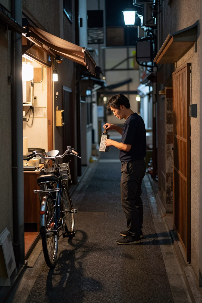 Late Night Tokyo Street Scene with Bicycle and Kitchen Utensil in in Tokyo, Japan
