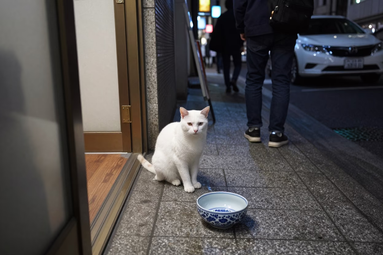 Late Night Tokyo Street Scene with Blue Porcelain Bowl and Manx Cat in in Tokyo, Japan