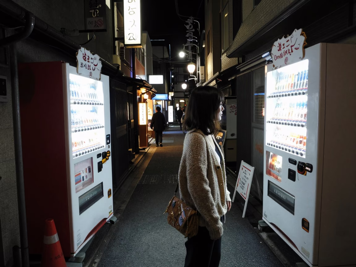 Late Night Tokyo Street Scene with Cardigan and Pin Cushion Details in in Tokyo, Japan