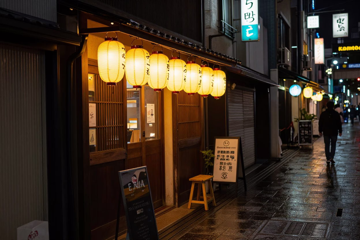 Late Night Tokyo Street Scene with Colorful Lanterns and Traditional Decorations in in Tokyo, Japan