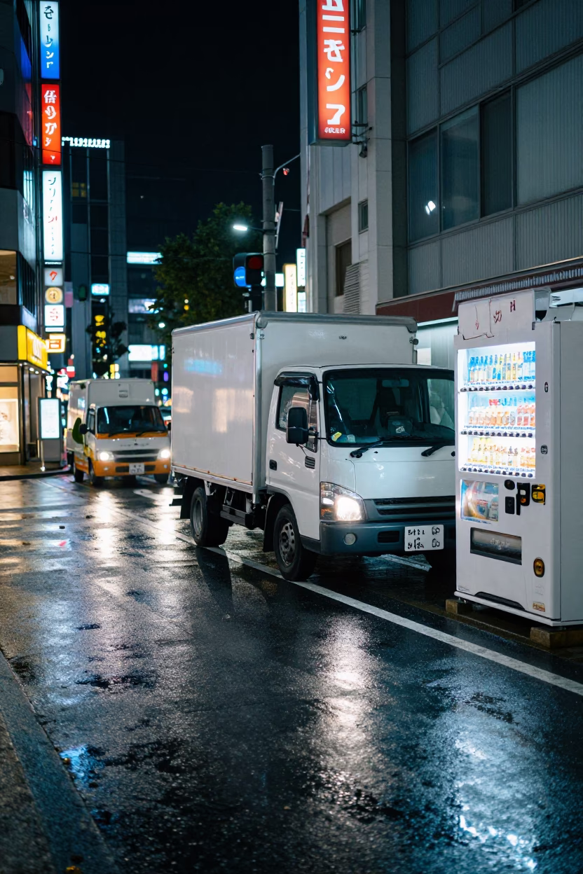 Late Night Tokyo Street Scene with Delivery Truck and Scattered Chestnuts in in Tokyo, Japan