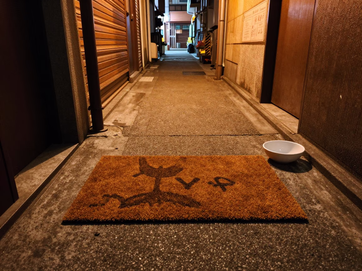 Late Night Tokyo Street Scene with Doormat and Bowl on Sidewalk in in Tokyo, Japan
