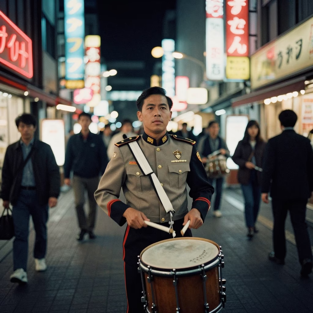 Late Night Tokyo Street Scene with Drum Major and Tambourine in in Tokyo, Japan