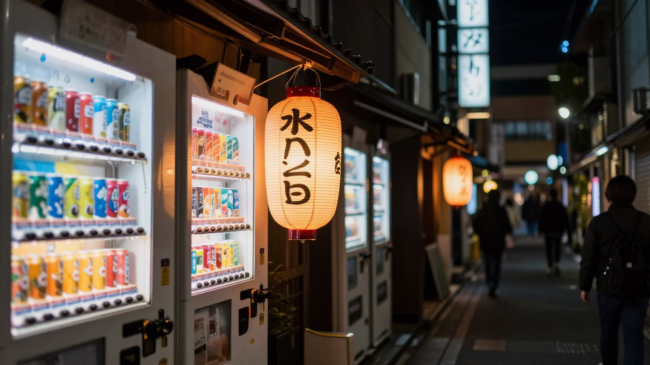 Late Night Tokyo Street Scene with Glowing Lantern and Vending Machine in in Tokyo, Japan