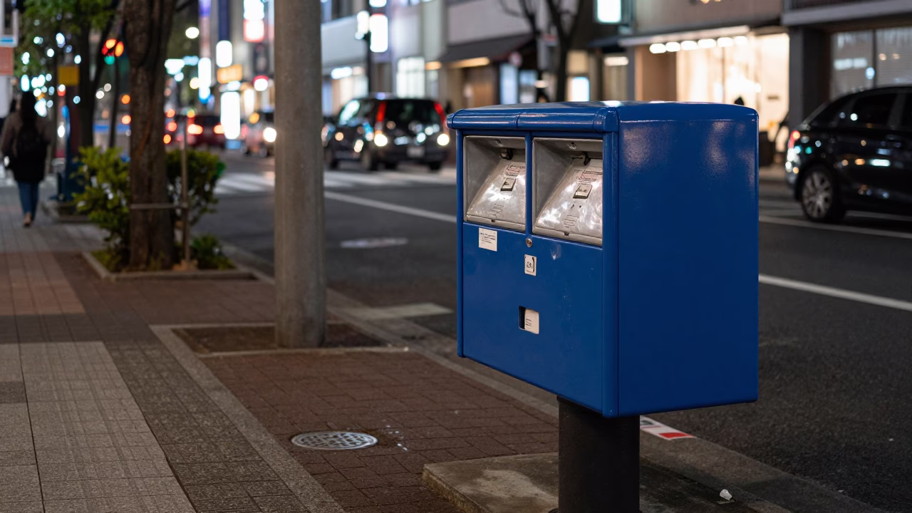 Late Night Tokyo Street Scene with Mailbox and Urban Life in in Tokyo, Japan