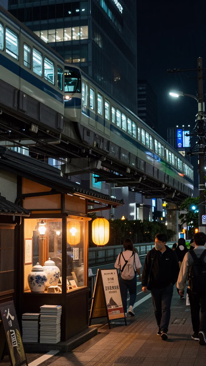 Late Night Tokyo Street Scene with Monorail and Traditional Porcelain Shop in in Tokyo, Japan