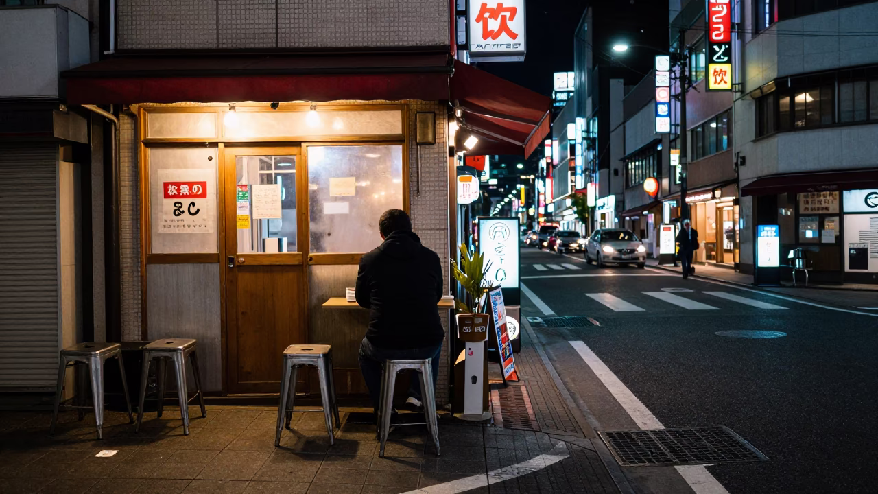 Late Night Tokyo Street Scene with Neon Lights and Metal Stools Outside Diner in in Tokyo, Japan