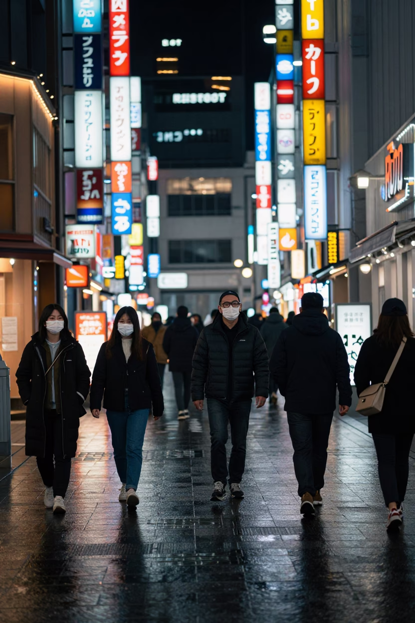 Late Night Tokyo Street Scene with Neon Lights and Overpass Interchange in in Tokyo, Japan