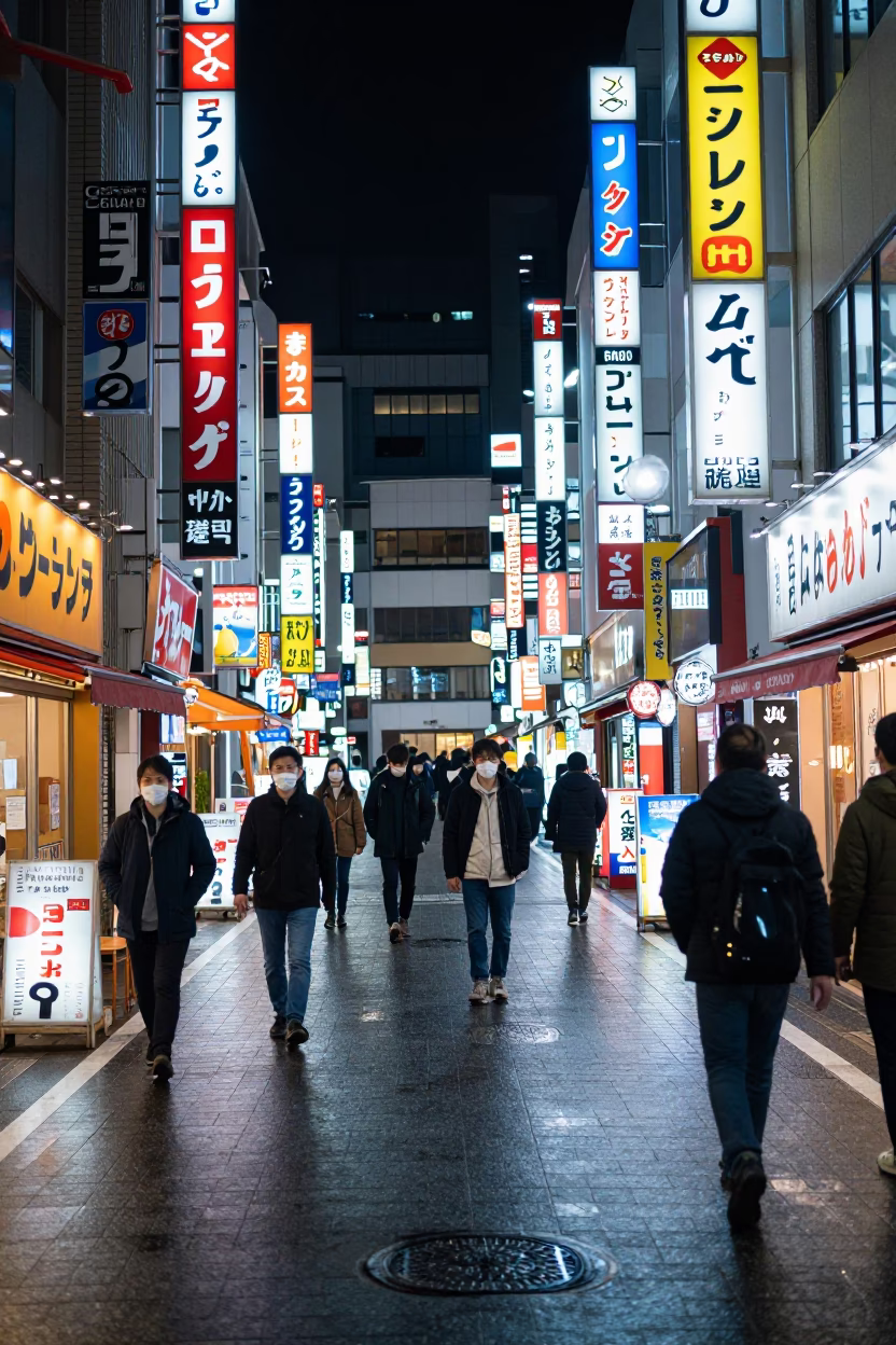 Late Night Tokyo Street Scene with Neon Lights and Traditional Elements in in Tokyo, Japan