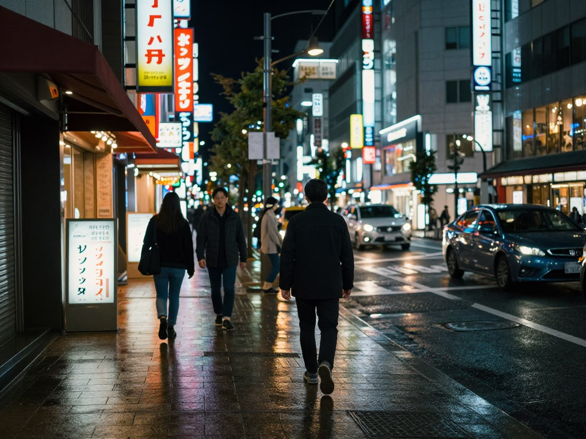 Late Night Tokyo Street Scene with Neon Lights and Urban Details in in Tokyo, Japan