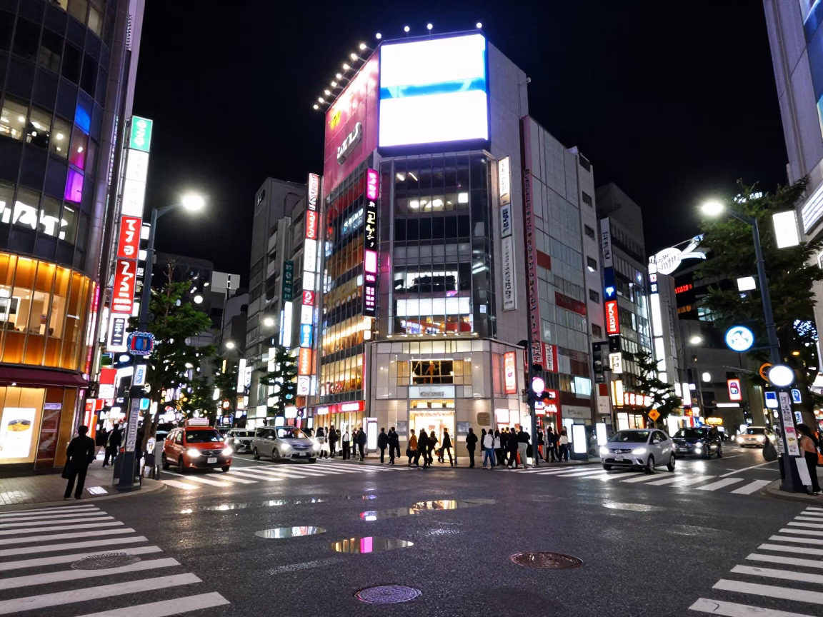 Late Night Tokyo Street Scene with Neon Reflections and Urban Details in in Tokyo, Japan