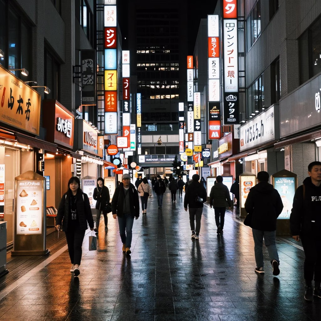 Late Night Tokyo Street Scene with Neon Signs and Glass Doorframe in in Tokyo, Japan