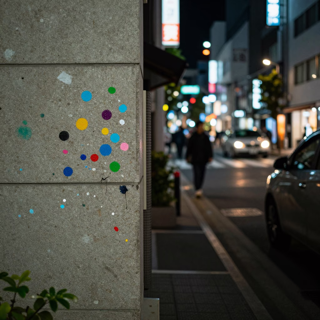 Late Night Tokyo Street Scene with Paint Flecks and Urban Atmosphere in in Tokyo, Japan