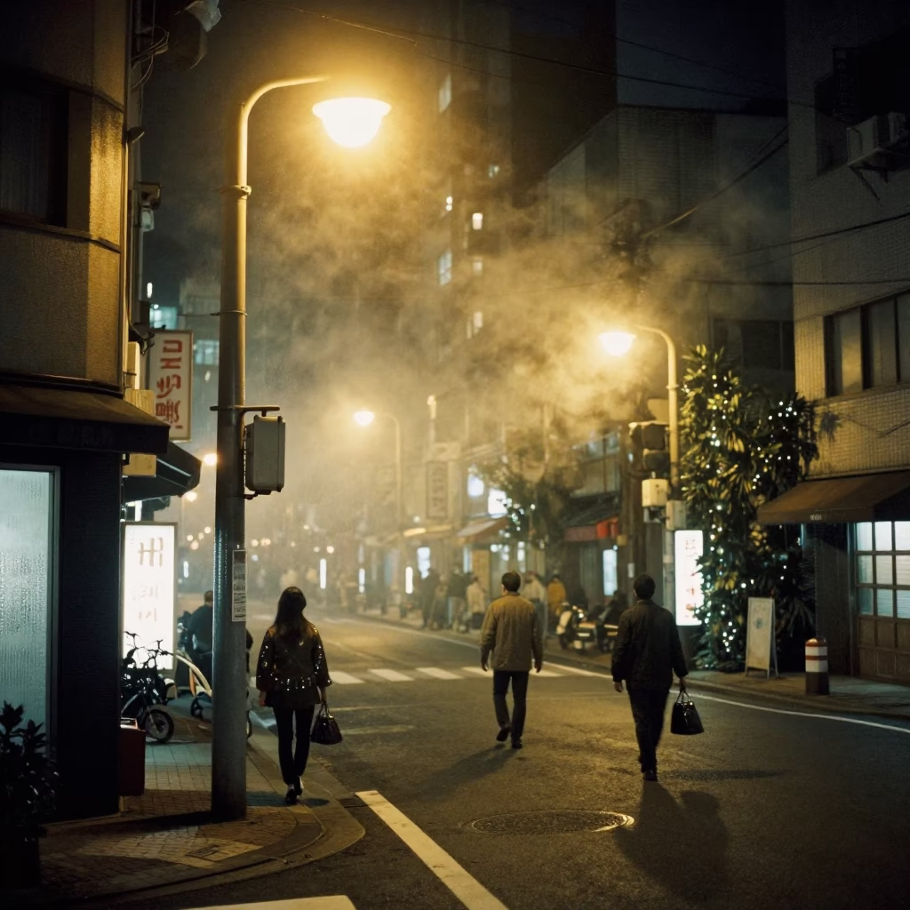 Late Night Tokyo Street Scene with Steam Haze and Blue Porcelain Bowl in in Tokyo, Japan