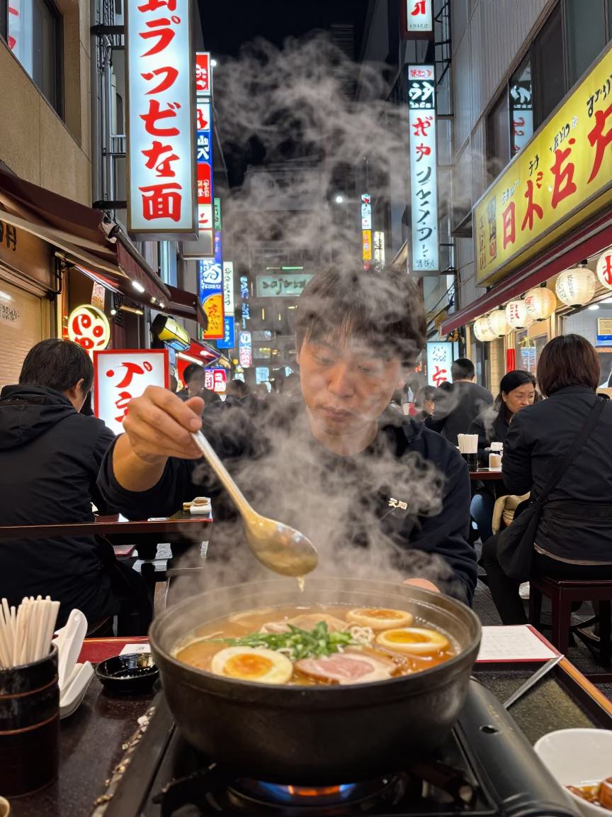 Late Night Tokyo Street Scene with Steam Haze and Traffic Shadows in in Tokyo, Japan