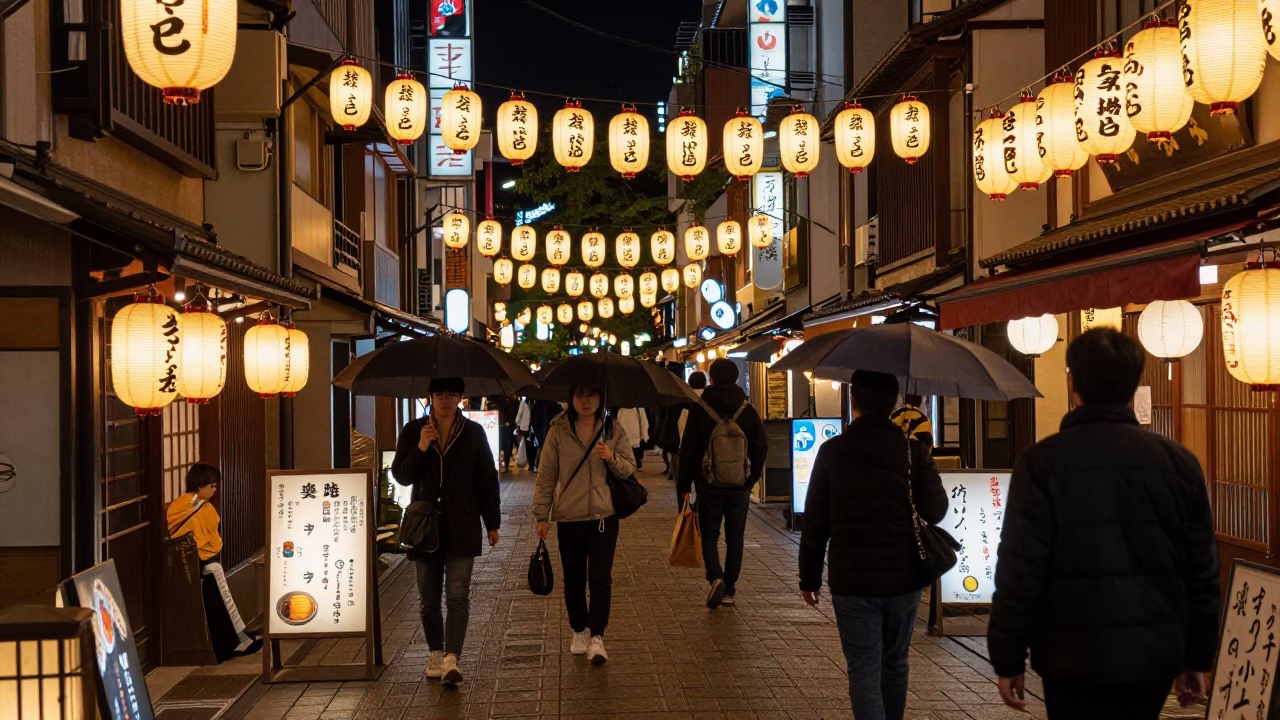 Late Night Tokyo Street Scene with Traditional Lanterns and Busy Pedestrians in in Tokyo, Japan