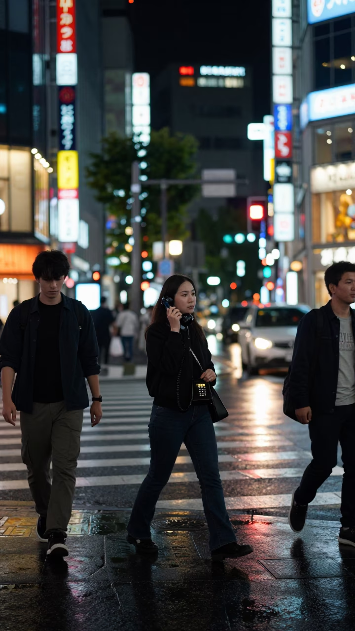 Late Night Tokyo Street Scene with Vintage Bakelite Telephone and Neon Reflections in in Tokyo, Japan