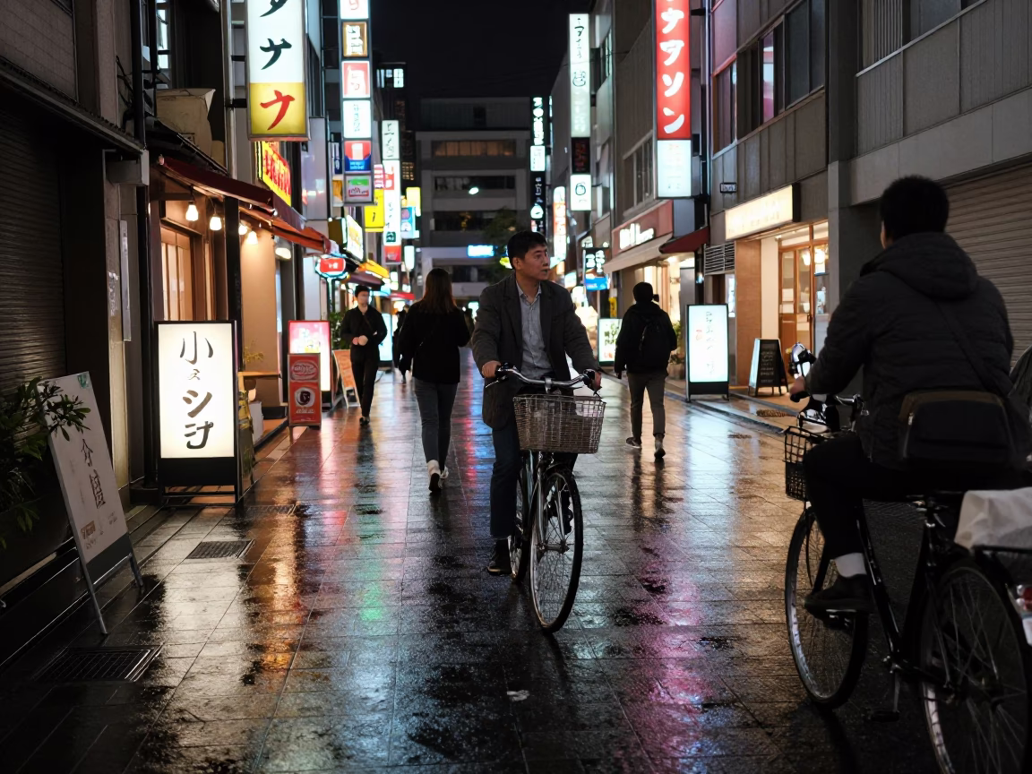 Late Night Tokyo Street Scene with Vintage Bicycle and Brushed Steel Frame Reflections in in Tokyo, Japan