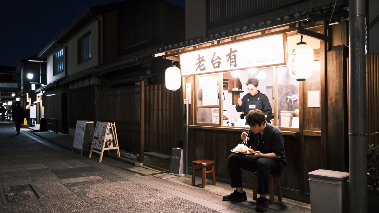 Late Night Tonkatsu Meal at Kyoto Street Stall Under Deep Night Sky in in Kyoto, Japan