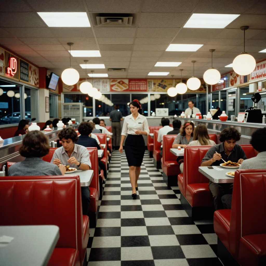 Late Night Toronto Diner Interior with Checkered Floor and Neon Sign Reflections in in Toronto, Ontario, Canada