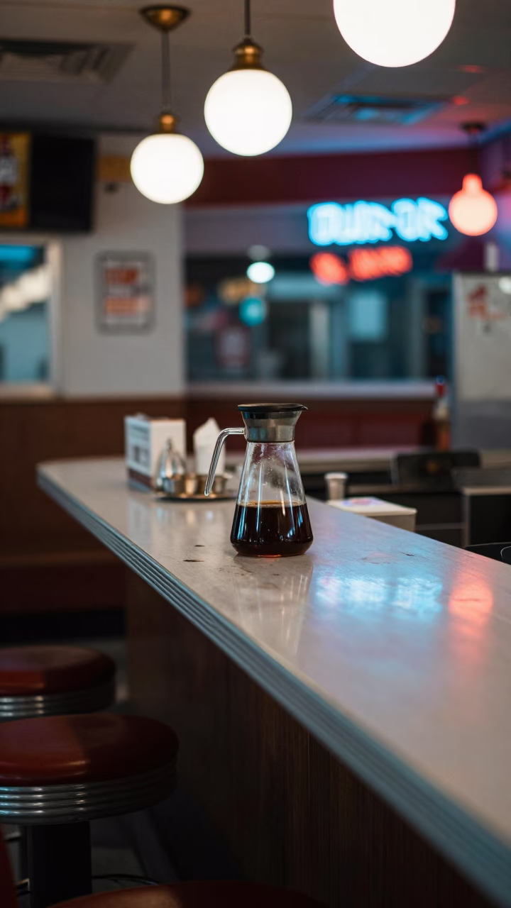 Late Night Toronto Diner Interior with Neon Reflections and Coffee Pot in in Toronto, Ontario, Canada