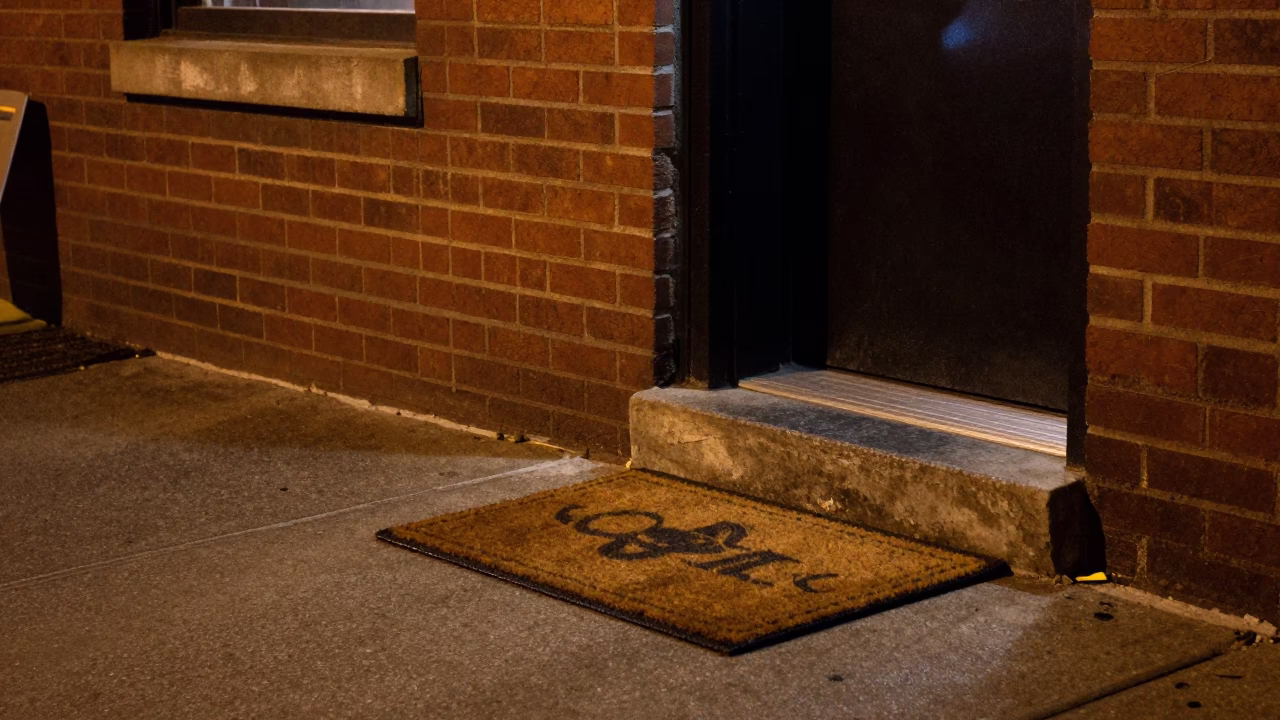 Late Night Toronto Street Corner with Doormat and Step Stool Outside Brick Building in in Toronto, Ontario, Canada