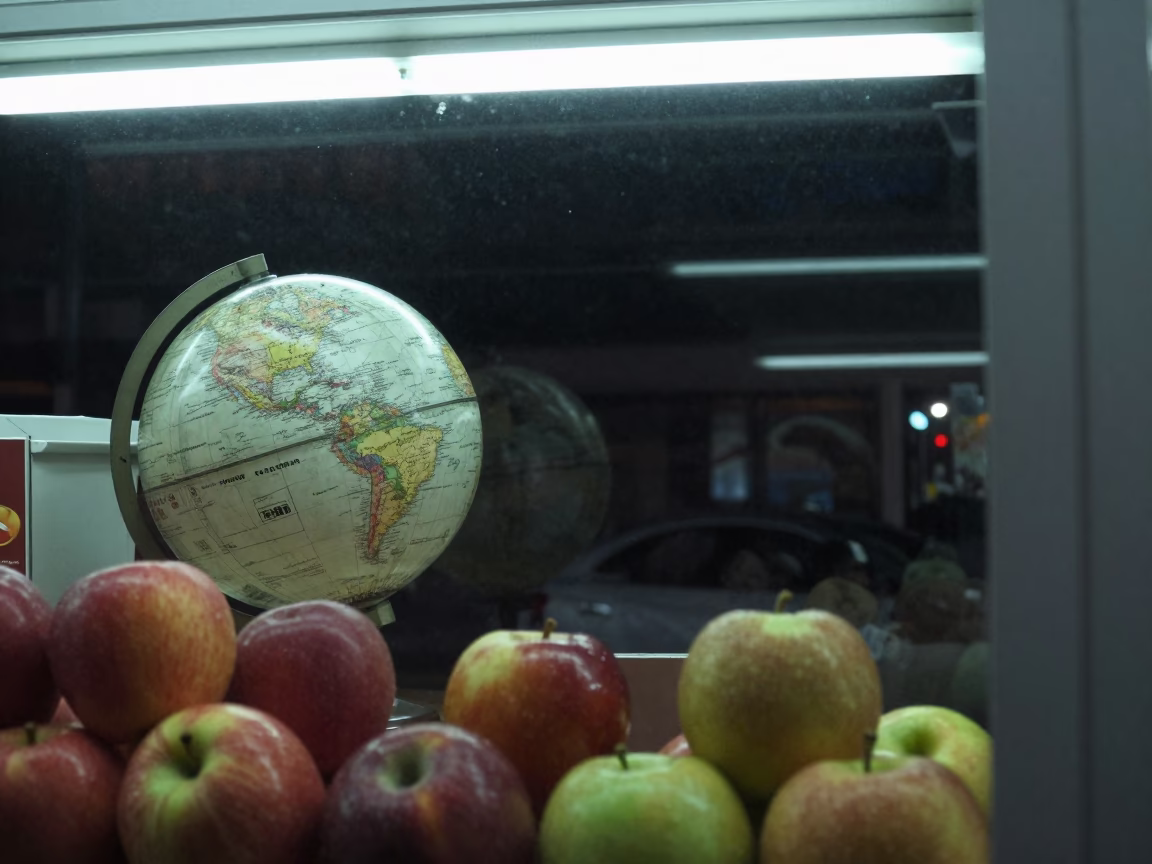 Late Night Toronto Street Scene with Apples and Globe on Counter in in Toronto, Ontario, Canada