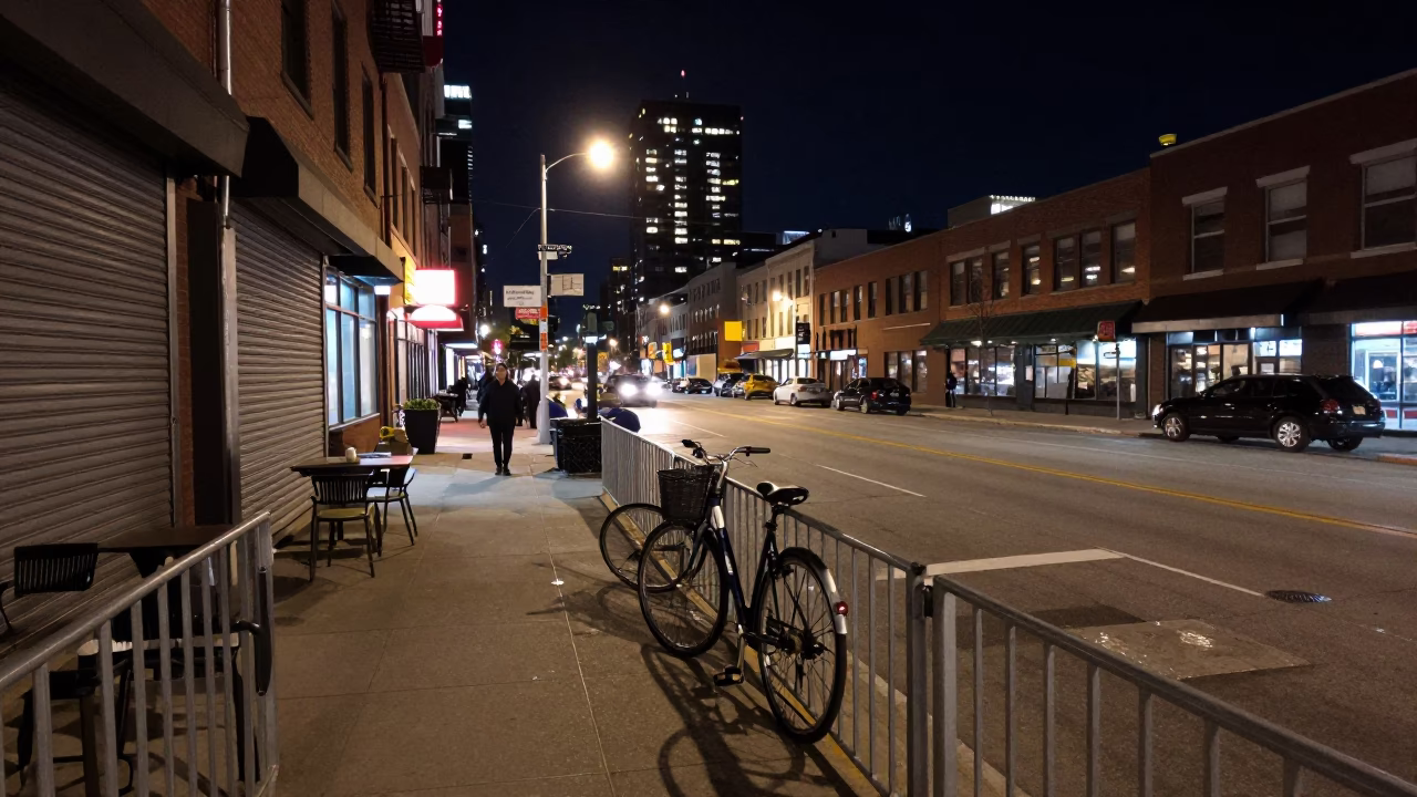 Late Night Toronto Street Scene with Bicycle and City Lights in in Toronto, Ontario, Canada